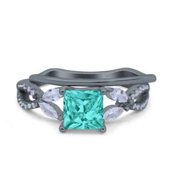 Two Piece Art Deco Princess Cut Wedding Bridal Ring Black Tone, Simulated Paraiba Tourmaline CZ 925 Sterling Silver